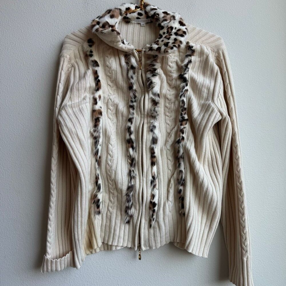 Vintage Escada Goat Leather Fur Y2K Wool Cashmere Sweater Mob Wife Size 44 XL